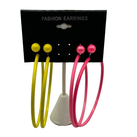 Bright Neon Yellow & Pink Hoop and Stud Earrings Set - Picture 3 of 4